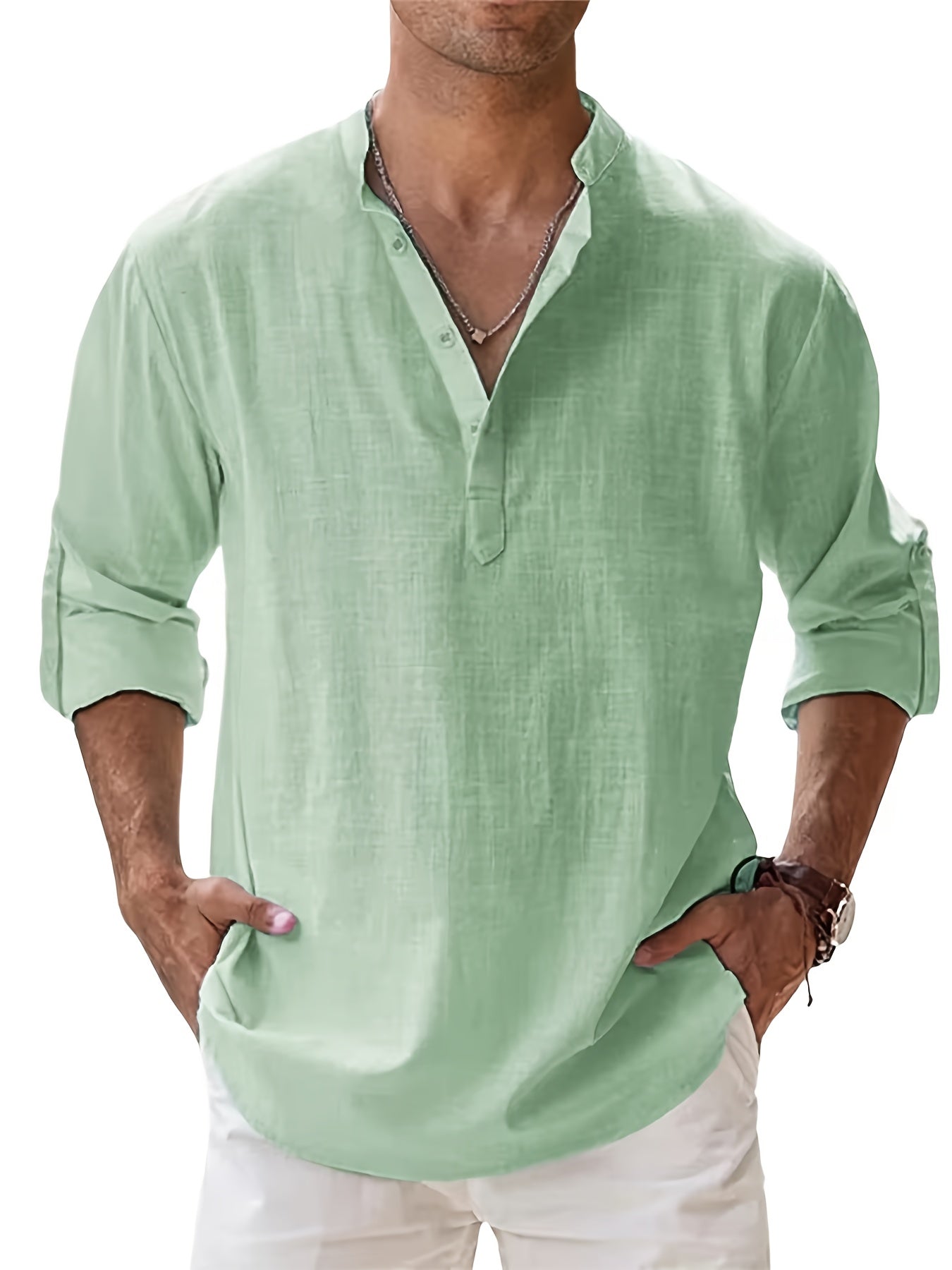 Cotton Cotton And Linen Blend Hot Men's Long-Sleeved Shirts Summer Solid Color Stand-Up Collar Casual Beach Style Plus Size Cotton And Linen Blend for Man Tops