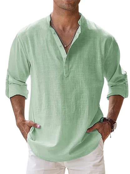 Cotton Cotton And Linen Blend Hot Men's Long-Sleeved Shirts Summer Solid Color Stand-Up Collar Casual Beach Style Plus Size Cotton And Linen Blend for Man Tops