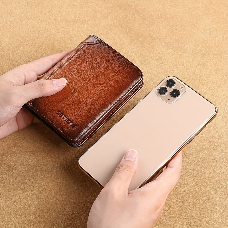 [RFID Wallet] A Men's Genuine Leather RFID Blocking Wallet - Ultra-Thin Foldable Design, Featuring 2 ID Card Slots, Large Capacity for Cash And Cards, Gold-Tone Hardware, And Anti-Theft Design