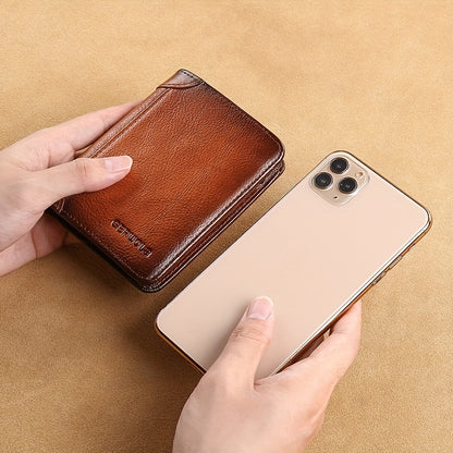 [RFID Wallet] A Men's Genuine Leather RFID Blocking Wallet - Ultra-Thin Foldable Design, Featuring 2 ID Card Slots, Large Capacity for Cash And Cards, Gold-Tone Hardware, And Anti-Theft Design
