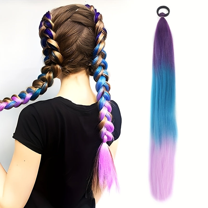 26 Inch Rainbow Synthetic Braided Hair Extensions - Luminous Twisted Hair with Vibrant Gradient Colors (Pink to Blue to Purple), Easy Clip-In for Women, Versatile Hairpiece for Parties & Casual Outfits, Party Hairpiece, Gradient Color Hair, Easy Clipin Ha