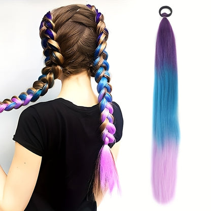 26 Inch Rainbow Synthetic Braided Hair Extensions - Luminous Twisted Hair with Vibrant Gradient Colors (Pink to Blue to Purple), Easy Clip-In for Women, Versatile Hairpiece for Parties & Casual Outfits, Party Hairpiece, Gradient Color Hair, Easy Clipin Ha