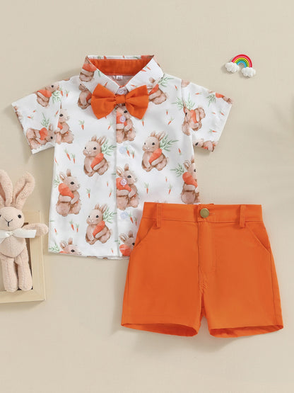 Summer Clothing Set for Young Boys Featuring a Short-Sleeve Shirt And Shorts with a Carrot And Rabbit Design, Complete with a Bowtie, for Outdoor