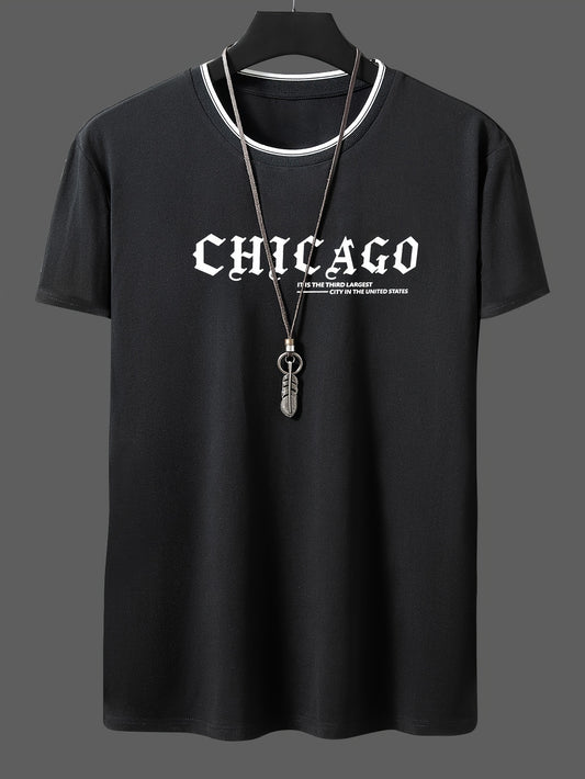 Men'S Minimalist Casual Stylish Trendy Comfortable Short-Sleeve T-Shirt with Chicago Letter Pattern Print for Summer, Breathable, Sweat-Absorbing, And Cool, Sweat-Resistant