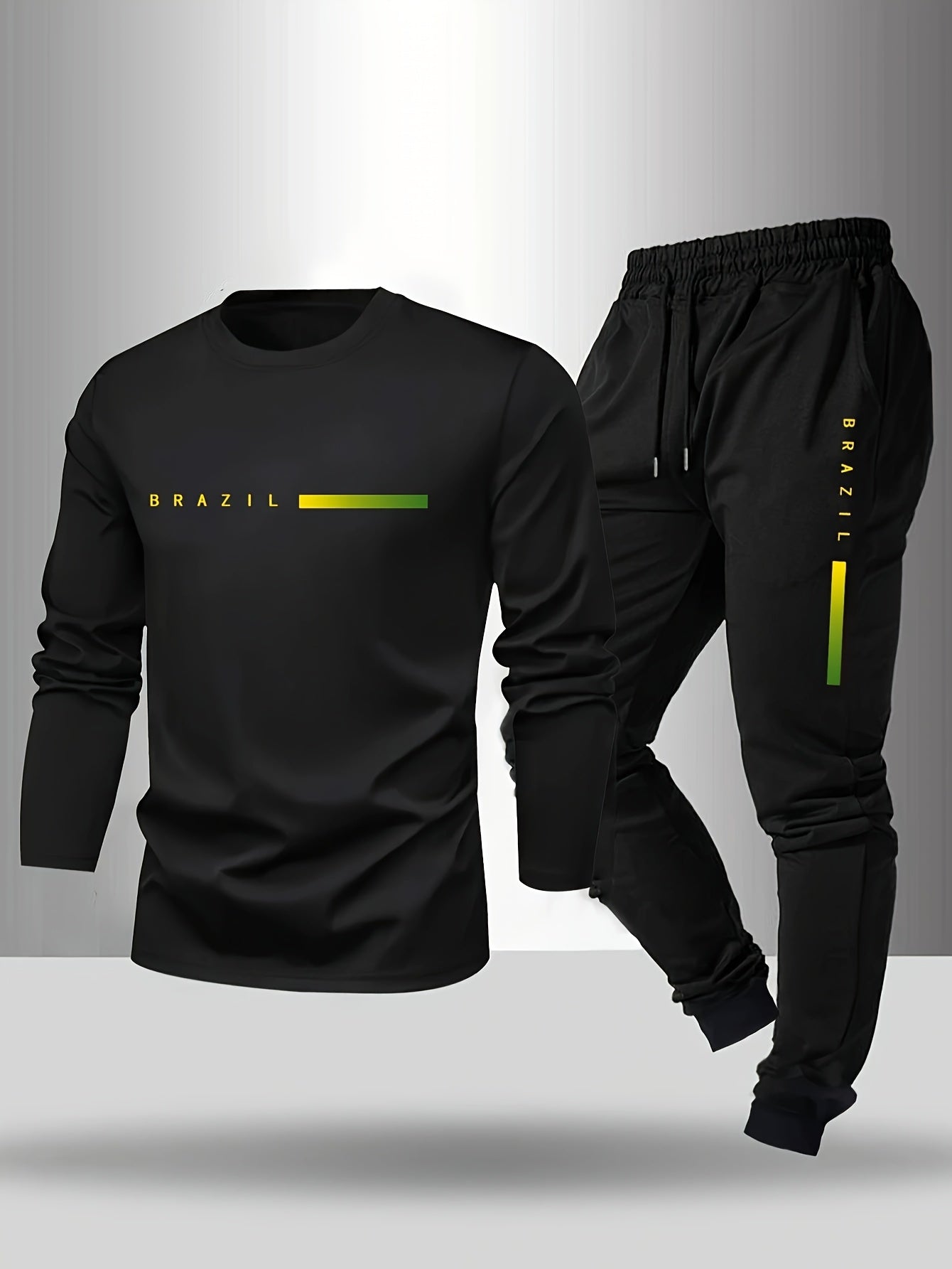 Men's Long Sleeve T-Shirt and Pants Set, Spring/Autumn 2-Piece Set with Paris Letter Print Crew Neck Long Sleeve T-Shirt + Drawstring Outdoor Casual Sports Pants Set 2-Piece