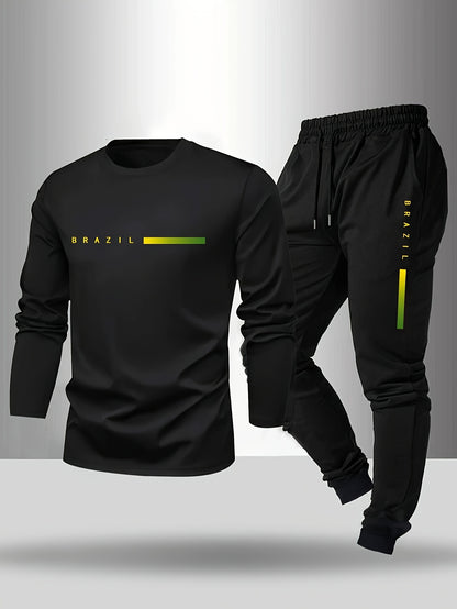 Men's Long Sleeve T-Shirt and Pants Set, Spring/Autumn 2-Piece Set with Paris Letter Print Crew Neck Long Sleeve T-Shirt + Drawstring Outdoor Casual Sports Pants Set 2-Piece