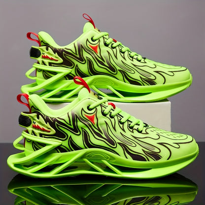 Men's Neon Green & Black Breathable Running Shoes - Shock-Absorbing TPU Sole, EVA Cushion, Lightweight Low-Top Sneakers with Striped Design for Gym, Jogging & Casual Wear, Sneakers, Sleek Sporty Design, Cushioned EVA Sole