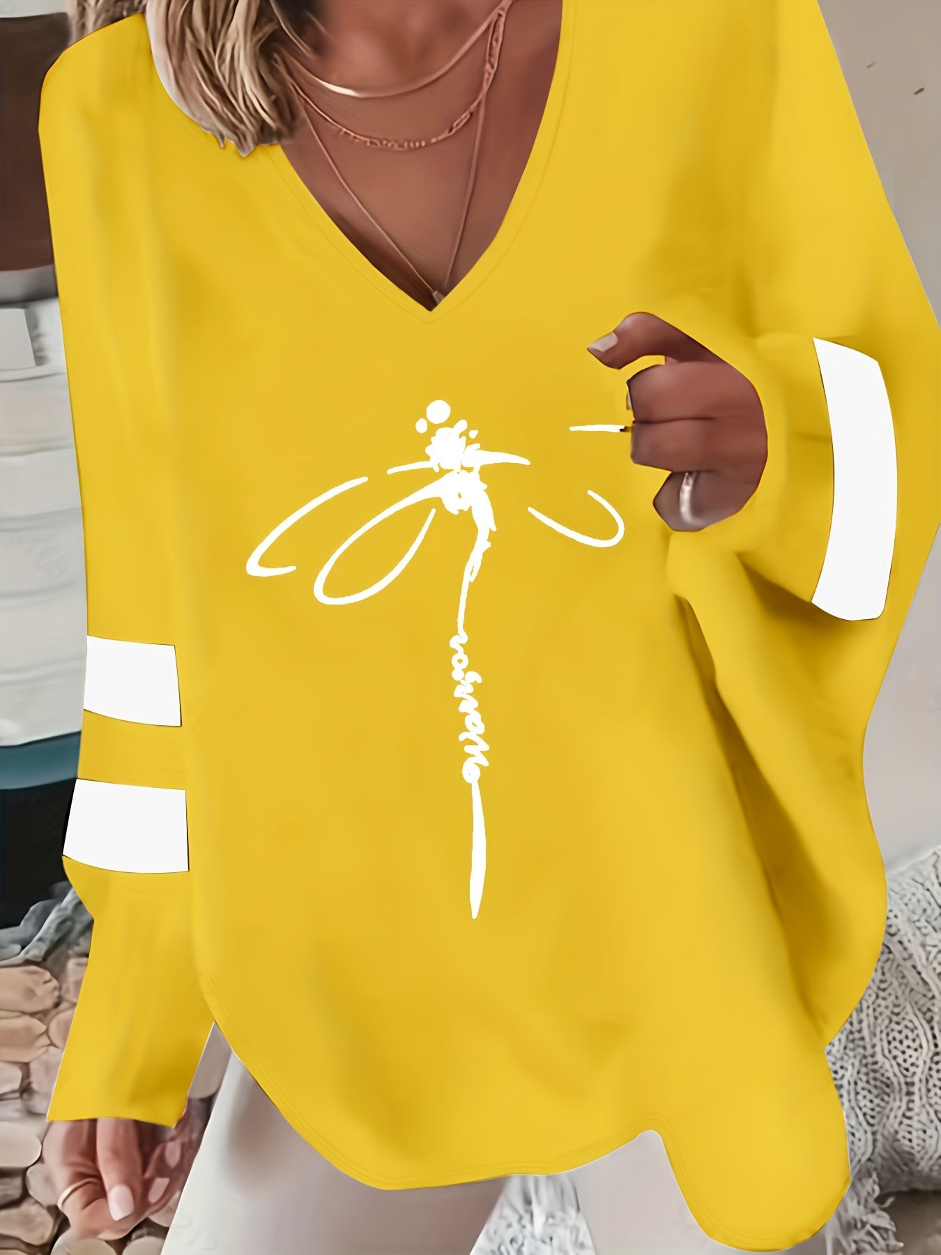 Vibrant Dragonfly Print V-Neck Sweatshirt - Soft Micro Elastic Polyester, Casual Long Sleeve Loose Fit, Plaid Pattern, Semi-Sheer, Spring/Fall Essential, Positioning Printing, Knit Fabric, Comfortable Womens Clothing