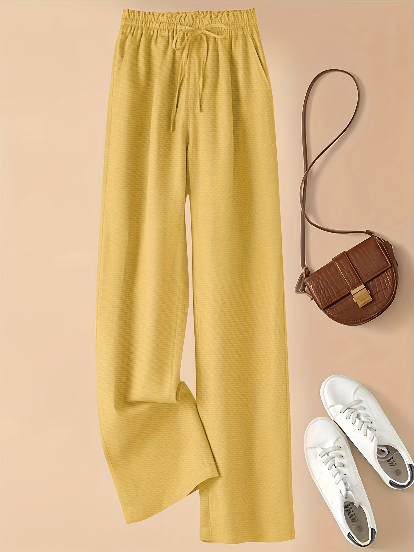 Vintage Loose-Fit Thin-Linen Wide-Leg Pants for Women, High-Waisted with Elastic Waistband and Drawstring, Artistic Casual Straight-Leg Trousers