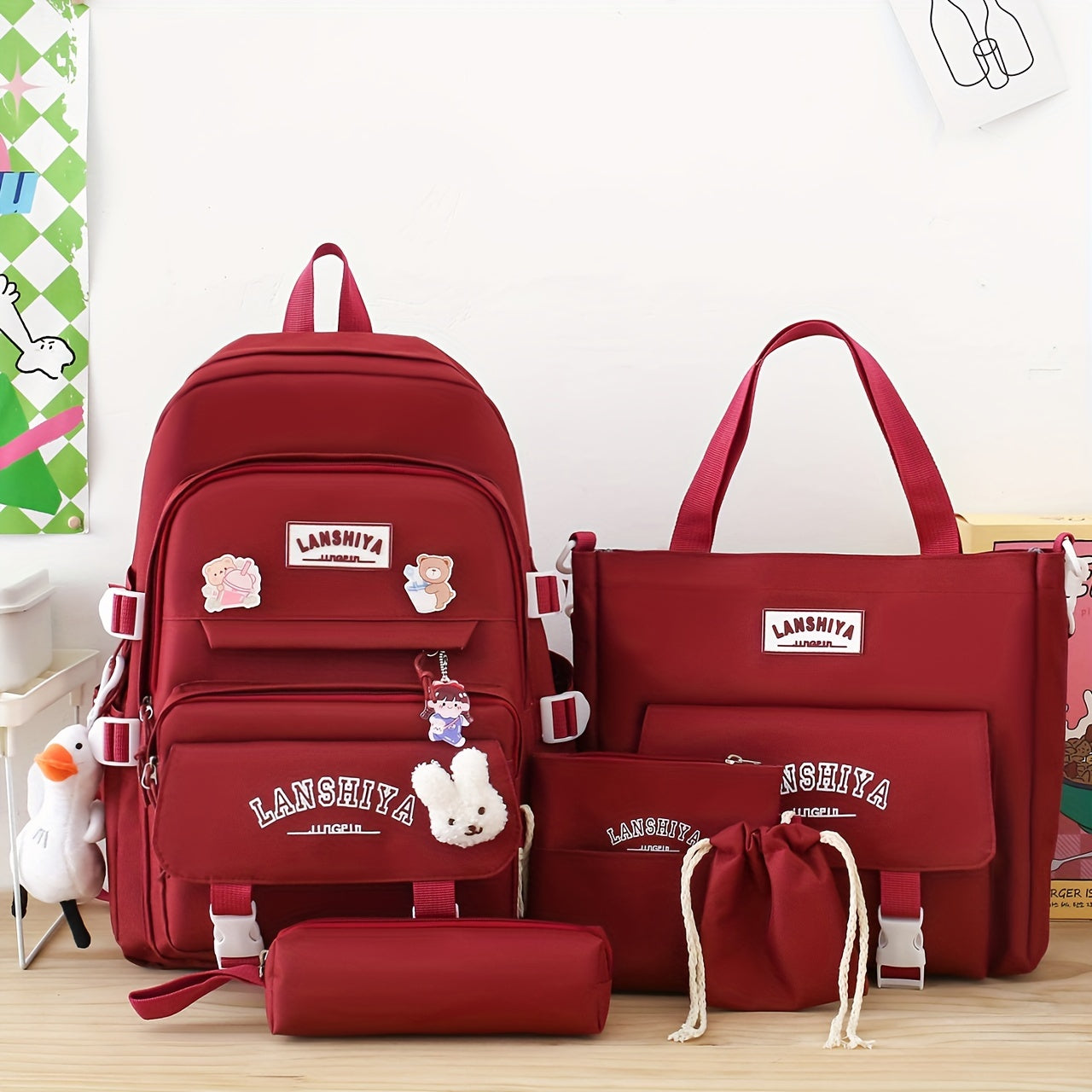 5 Solid Color Backpack Sets, Large Capacity Backpack, Easy Handbag Coin Purse, Casual Crossbody Bag, Pencil Case Handbag, Lightweight Student Schoolbag Set, Free Little Duck Pendant, Free 3 Badges And Little Rabbit Pendant