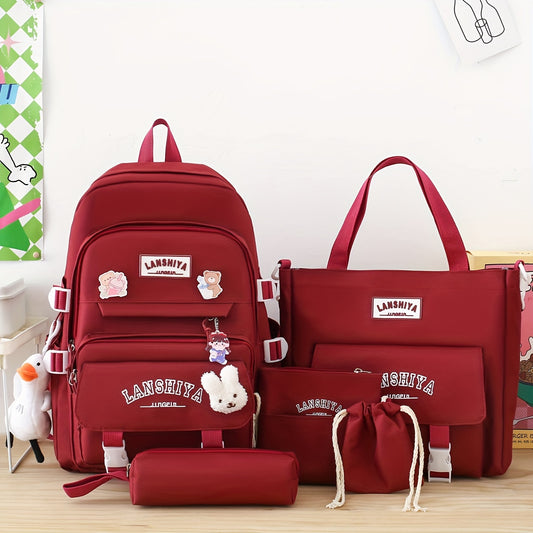 5 Solid Color Backpack Sets, Large Capacity Backpack, Easy Handbag Coin Purse, Casual Crossbody Bag, Pencil Case Handbag, Lightweight Student Schoolbag Set, Free Little Duck Pendant, Free 3 Badges And Little Rabbit Pendant