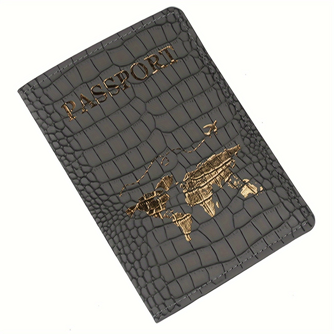 Black Crocodile-Embossed Travel Passport Holder with Golden Lettering & World Map Design - Lightweight, Anti-Theft Synthetic Leather Document Organizer for Vacations
