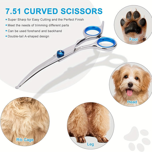 Stainless Steel Curved Dog Cat Grooming Scissors Set - Pet Grooming Shears with Safety Round Tip