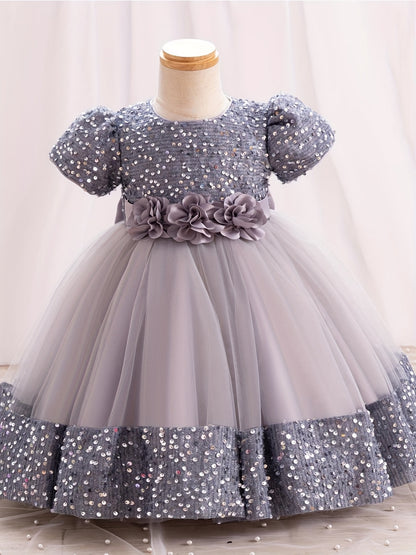 Sequined Children's Gown with Puffy Tulle Princess Dress for Baby Girl's First Birthday Party