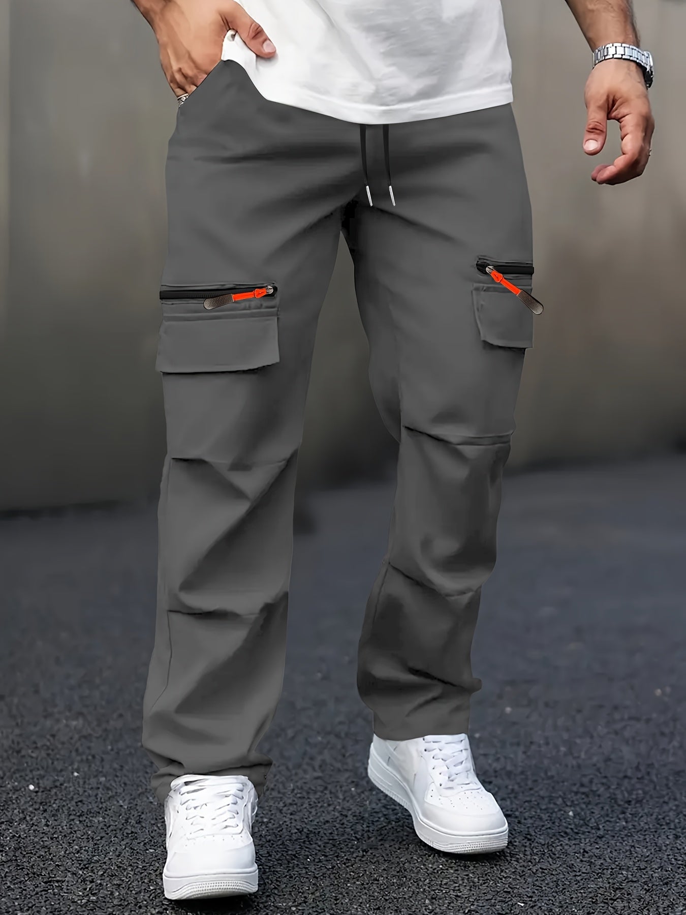 Men's Casual Cargo Pants with Multiple Pockets - Straight Leg, Loose Fit,, Zipper Details, Perfect for Spring and Fall