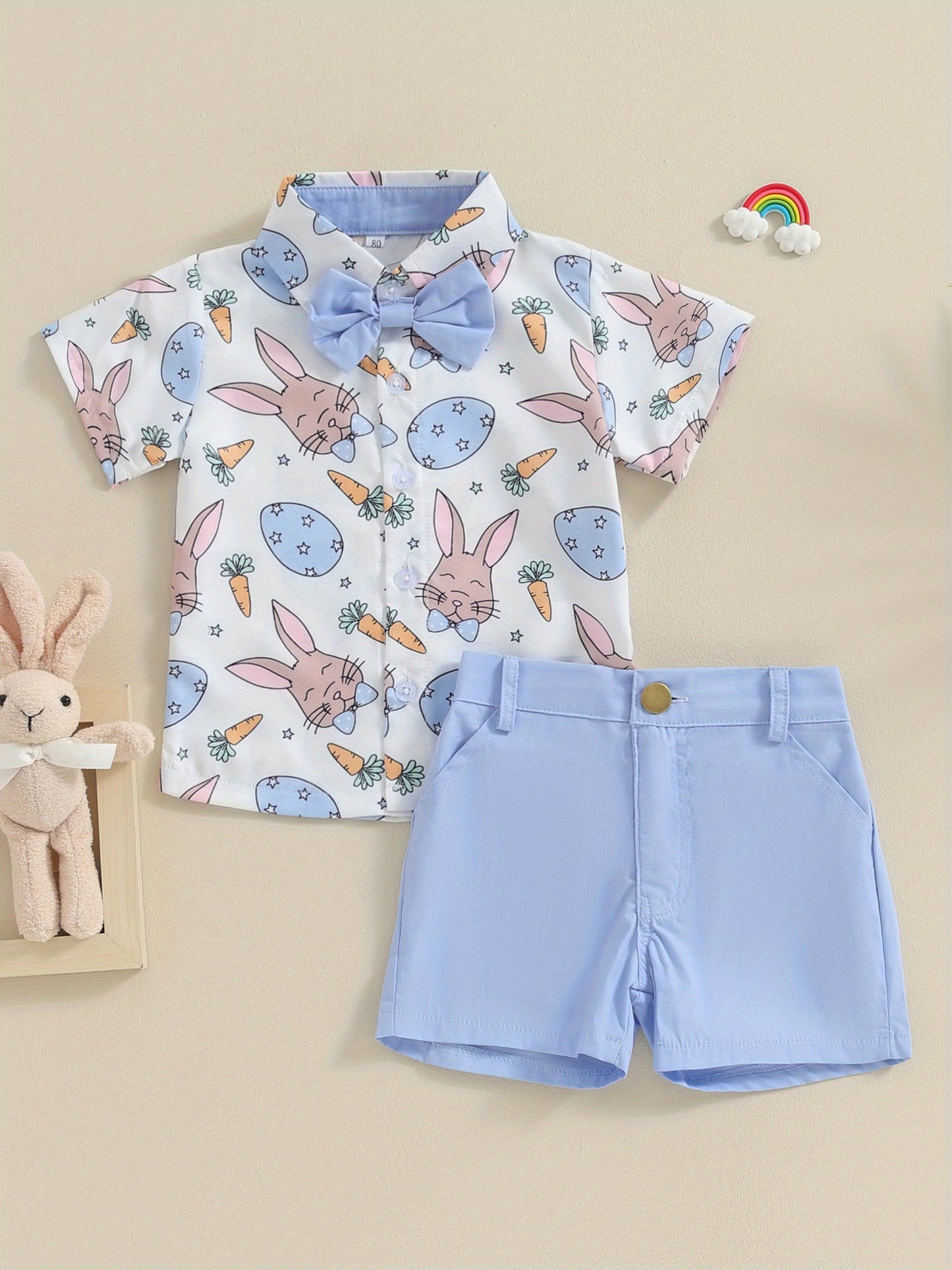 Summer Clothing Set for Young Boys Featuring a Short-Sleeve Shirt And Shorts with a Carrot And Rabbit Design, Complete with a Bowtie, for Outdoor