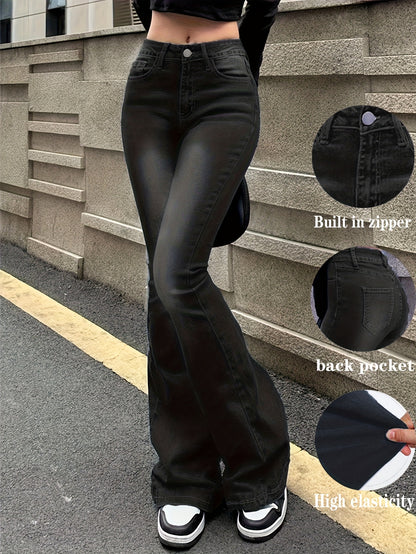 Women'S High-Stretch Retro Flare Jeans - Slim Fit Mid-Rise Bell Bottoms with Slant Pockets, Washed Blue Denim & Built-In Zipper, All-Season Casual Wear, High Waisted Jeans, Comfortable Fashion, Durable Fabric, Versatile Bottoms, Vintage Style, Quality Sti