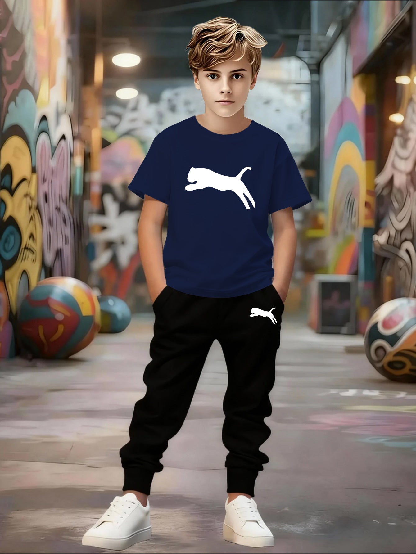 Spring/Summer New Boys' Short Sleeve + Thin Pants Set, Unique Geometric Pattern Design, Versatile Sportswear Set, Stylish and Comfortable, Slightly Stretchy Fabric, Regular Fit, Suitable for Outdoor Use, Perfect for Outdoor