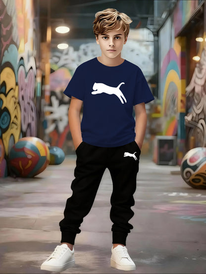 Spring/Summer New Boys' Short Sleeve + Thin Pants Set, Unique Geometric Pattern Design, Versatile Sportswear Set, Stylish and Comfortable, Slightly Stretchy Fabric, Regular Fit, Suitable for Outdoor Use, Perfect for Outdoor