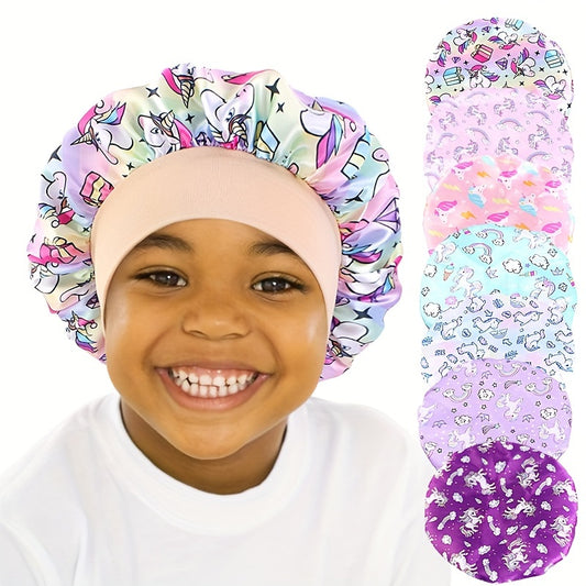 Unicorn Cartoon Printed Youngsters's Satin Cap, Hair Care Cap