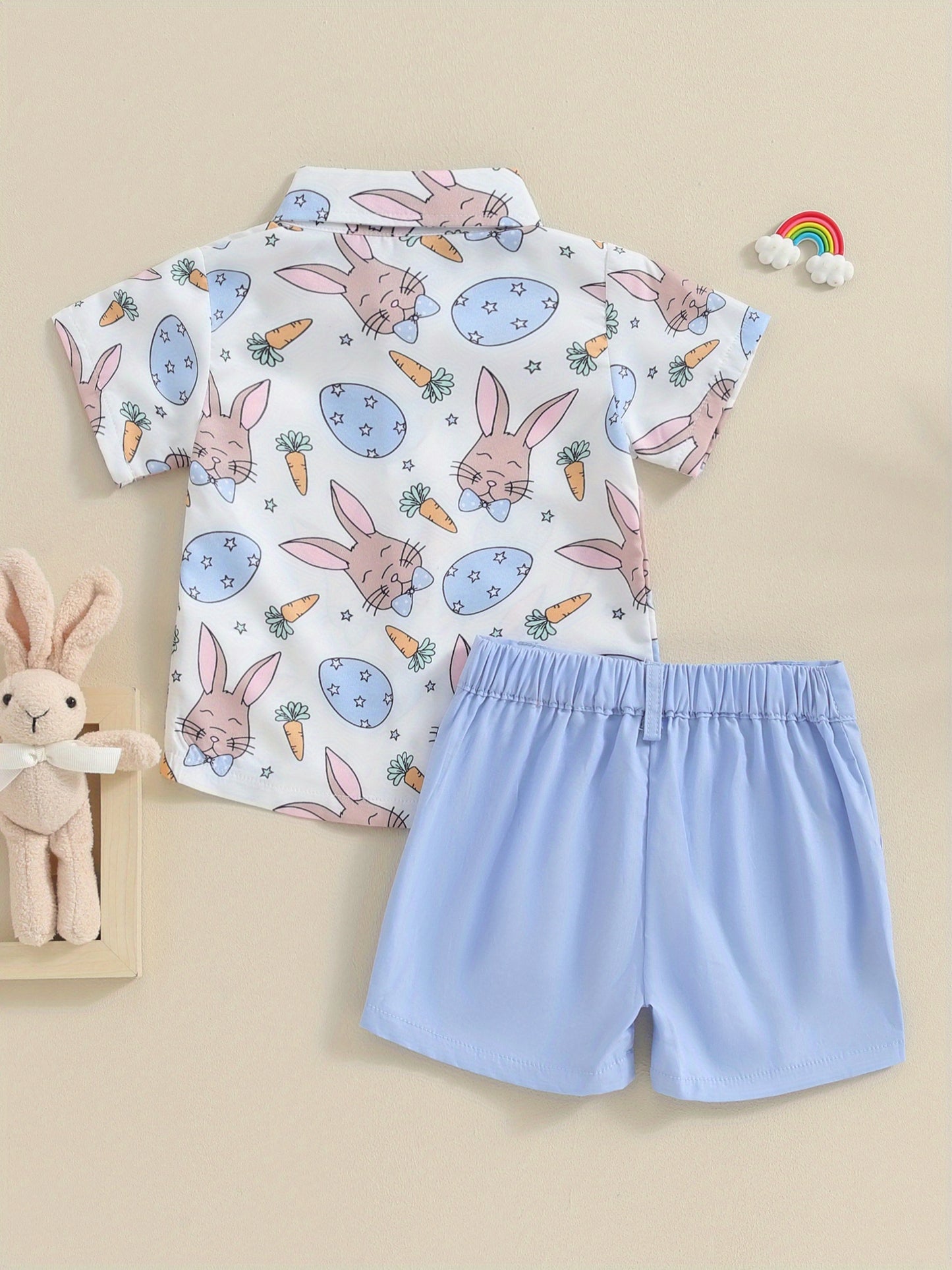 Summer Clothing Set for Young Boys Featuring a Short-Sleeve Shirt And Shorts with a Carrot And Rabbit Design, Complete with a Bowtie, for Outdoor