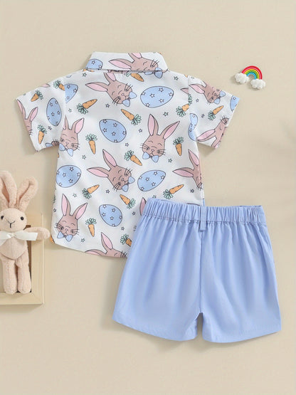 Summer Clothing Set for Young Boys Featuring a Short-Sleeve Shirt And Shorts with a Carrot And Rabbit Design, Complete with a Bowtie, for Outdoor