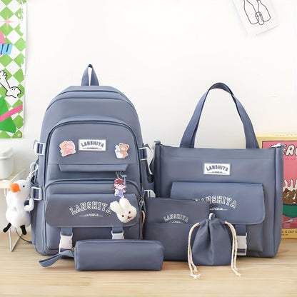 5 Solid Color Backpack Sets, Large Capacity Backpack, Easy Handbag Coin Purse, Casual Crossbody Bag, Pencil Case Handbag, Lightweight Student Schoolbag Set, Free Little Duck Pendant, Free 3 Badges And Little Rabbit Pendant