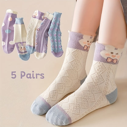 [Easter Gift]5 Pairs Girl's Polka Dot Rabbit Cute Pattern Socks, Breathable Comfy Crew Socks, Children's Trendy Summer Spring Socks