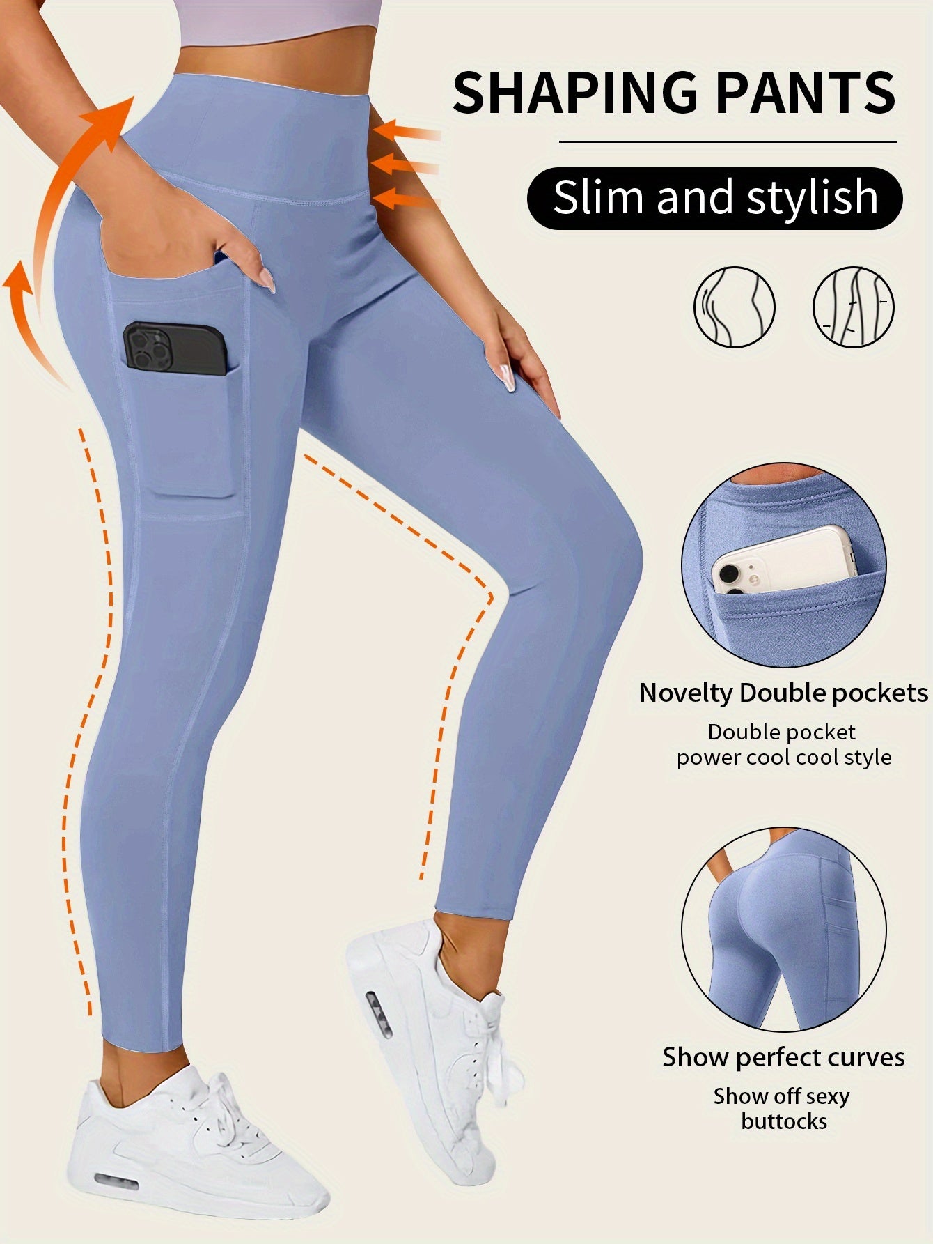 High-Waisted Leggings with Slim-Fit Double Pocket Design -  All-Season Pants, Tummy Control & Butt-Lifting for,, Casual Wear - Hand Washable Stretchy Bottoms