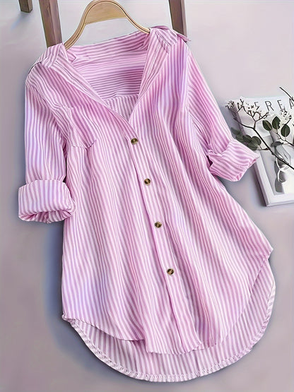 Elegant Striped Shirt for Women, Stylish Long-Sleeve Blouse with a Collar And Pockets