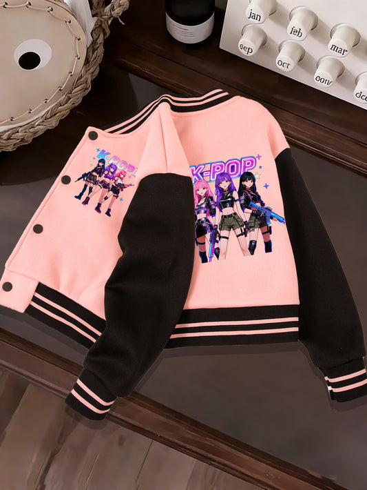 Girls' K-Pop Style Printed Baseball Jacket, Comfortable Everyday Schoolwear, Valentine's Day Pre-Heat Item