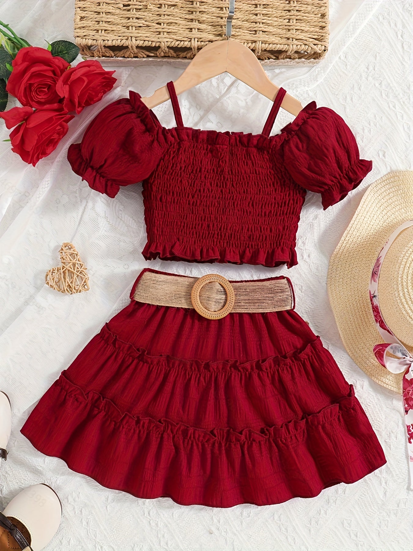 [Off-Shoulder Top Skirt Set] Summer Solid Color Off-Shoulder Lantern Sleeve Top and Knee-Length Skirt with Belt Set for Girls, Perfect for Outdoor Activities, Casual Attire, Playful Style