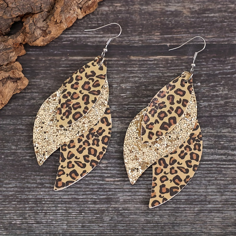 [Triple Leopard Sequin Earrings] Vintage Triple Leopard PU Leather Sequin Layer Earrings