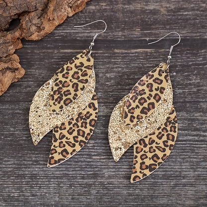 [Triple Leopard Sequin Earrings] Vintage Triple Leopard PU Leather Sequin Layer Earrings