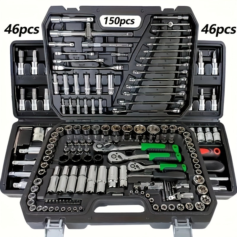 46/150-Pcs Tool Kit, Includes High-Quality, Durable, and Easy-to-Use 1/2”, 1/4”, 3/8” SAE and Metric Sizes, Sockets, Ratchet Torque Wrench, and Multi-Function Screwdriver Set - Suitable for Automotive, Home Repairs, Boat, Garage, and Bicycle Trunk