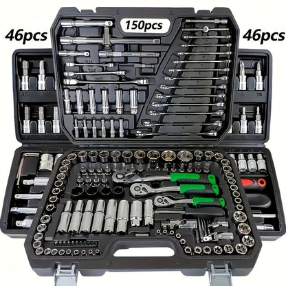 46/150-Pcs Tool Kit, Includes High-Quality, Durable, and Easy-to-Use 1/2”, 1/4”, 3/8” SAE and Metric Sizes, Sockets, Ratchet Torque Wrench, and Multi-Function Screwdriver Set - Suitable for Automotive, Home Repairs, Boat, Garage, and Bicycle Trunk