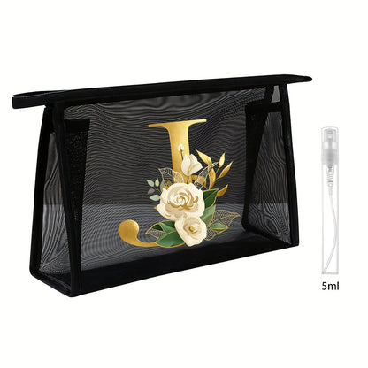 1pc Black Mesh Toiletries Storage Bag | Large Capacity Pink Flowers With White Letters A-Z, Transparent Mesh, Multi-Functional Travel Portable Bag, Lipstick Skin Care Storage, Easy And High-End, Jewelry Storage, Foldable And Lightweight