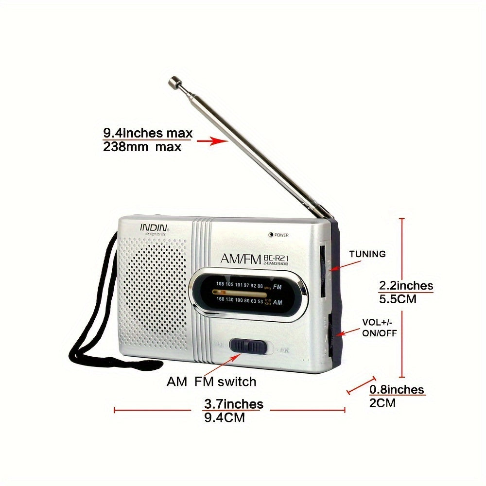 [Portable Mini Radio] INDIN BC-R21 Portable Mini Radio | AM FM Loudspeaker, Headphone Jack, 2AA Battery Operated | Long Range Reception, Pocket Radio for Indoor, Outdoor, Emergency Use, Best Gift