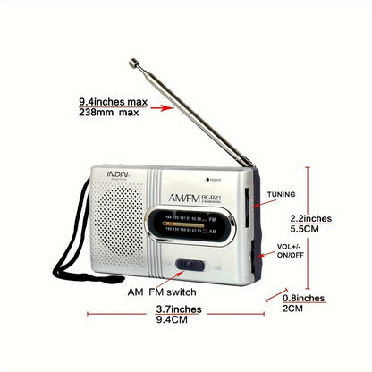 [Portable Mini Radio] INDIN BC-R21 Portable Mini Radio | AM FM Loudspeaker, Headphone Jack, 2AA Battery Operated | Long Range Reception, Pocket Radio for Indoor, Outdoor, Emergency Use, Best Gift