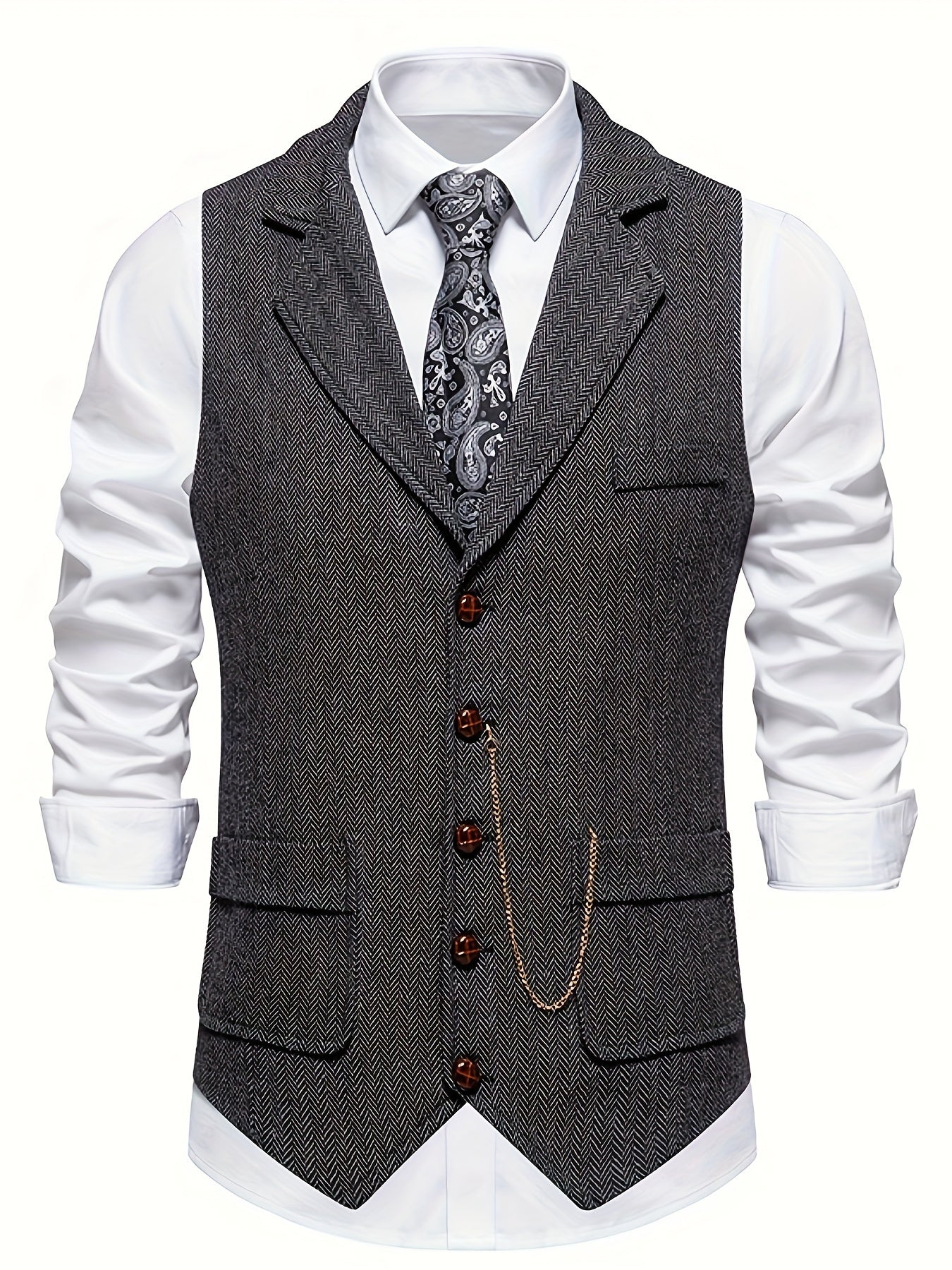 Men's Herringbone Tweed Single-Breasted Lapel Vest with Chain Detail - Stylish Brown Suit Vest for Business or Formal Occasions, Machine Washable, Stylish Layering Piece | Notched Lapel Design | Polyester Vest