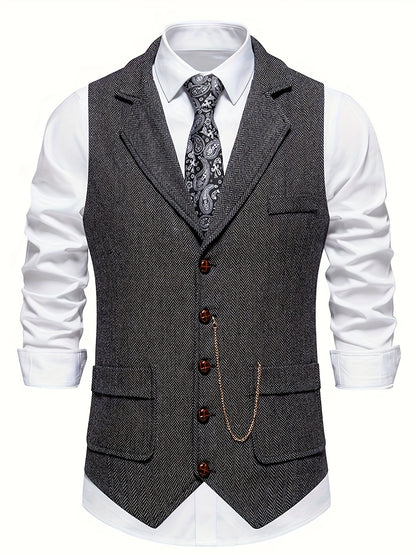 Men's Herringbone Tweed Single-Breasted Lapel Vest with Chain Detail - Stylish Brown Suit Vest for Business or Formal Occasions, Machine Washable, Stylish Layering Piece | Notched Lapel Design | Polyester Vest
