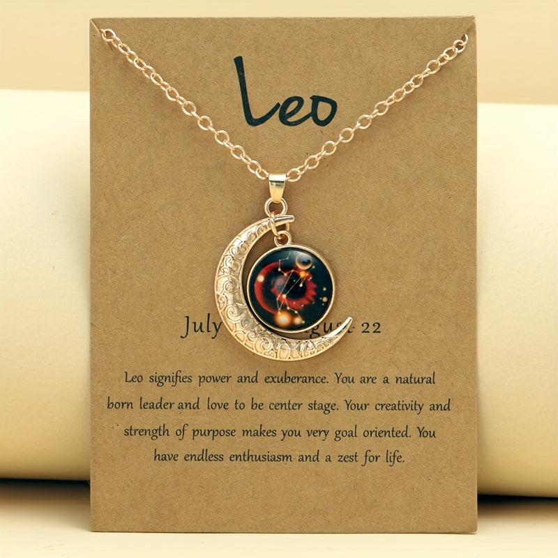 1pc Retro Glow-In-The-Dark Zodiac Moon Pendant Necklace - Vintage Style, Zinc Alloy with Accents, Adjustable Chain for Women - Ideal for Daily Wear & Gifting, Zodiac Jewelry, Gift Jewelry, Vintage Jewelry, Durable Jewelry
