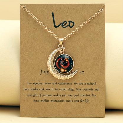 1pc Retro Glow-In-The-Dark Zodiac Moon Pendant Necklace - Vintage Style, Zinc Alloy with Accents, Adjustable Chain for Women - Ideal for Daily Wear & Gifting, Zodiac Jewelry, Gift Jewelry, Vintage Jewelry, Durable Jewelry