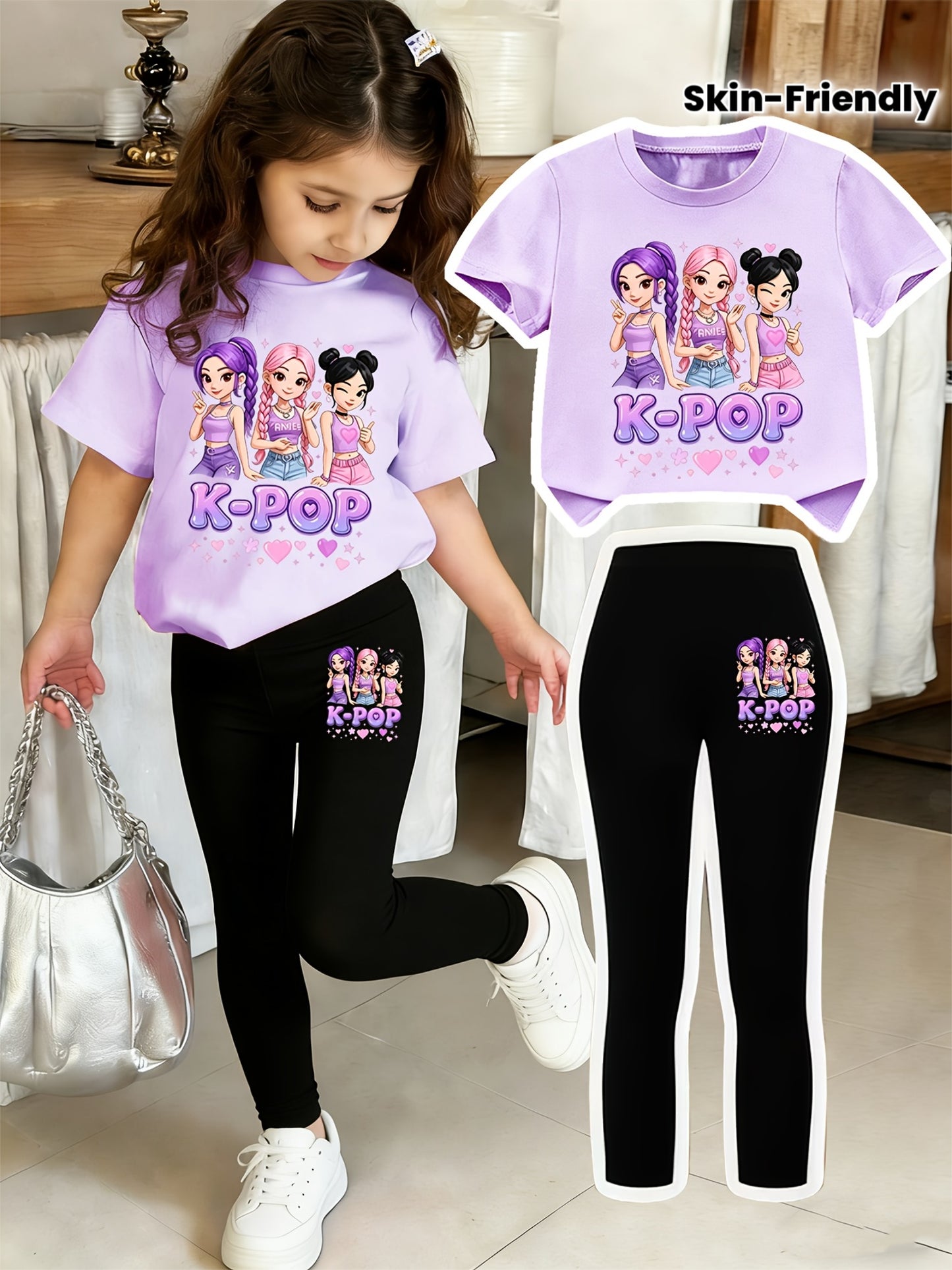 Girls' Sweet Cool K-POP Girl Group Set: Short Sleeve T-Shirt + Black Tight Pants. Skin-friendly Children's Clothing Featuring Vibrant K-POP Girl Group Cartoon Prints and "K-POP" Slogans. Sweet and Cool Korean Style with Matching Elements on Top and