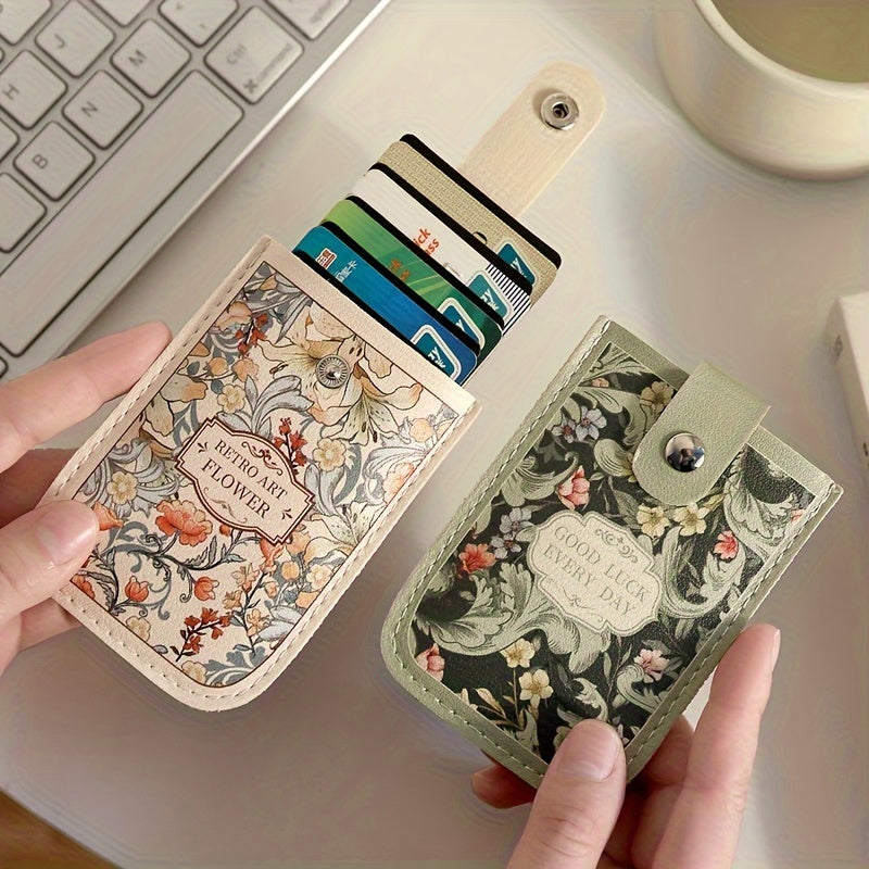 Vintage Floral Pattern Pull-Out Multi-Card Slot ID Holder, Large Capacity Compact Ultra-Thin Synthetic Leather Card Case with Snap Closure