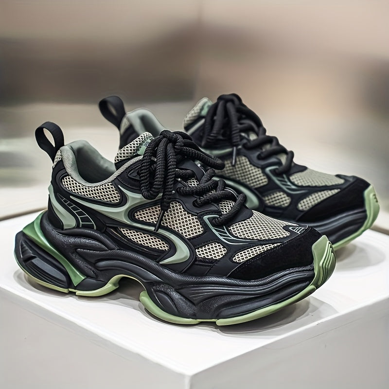 Men's Mesh Sneakers, Autumn/Winter Four-Season Style, Fashionable and Trendy, Thick-Soled Height-Increasing Casual Shoes, High-End Feel, Color-Blocked, Versatile, Lightweight, and Breathable