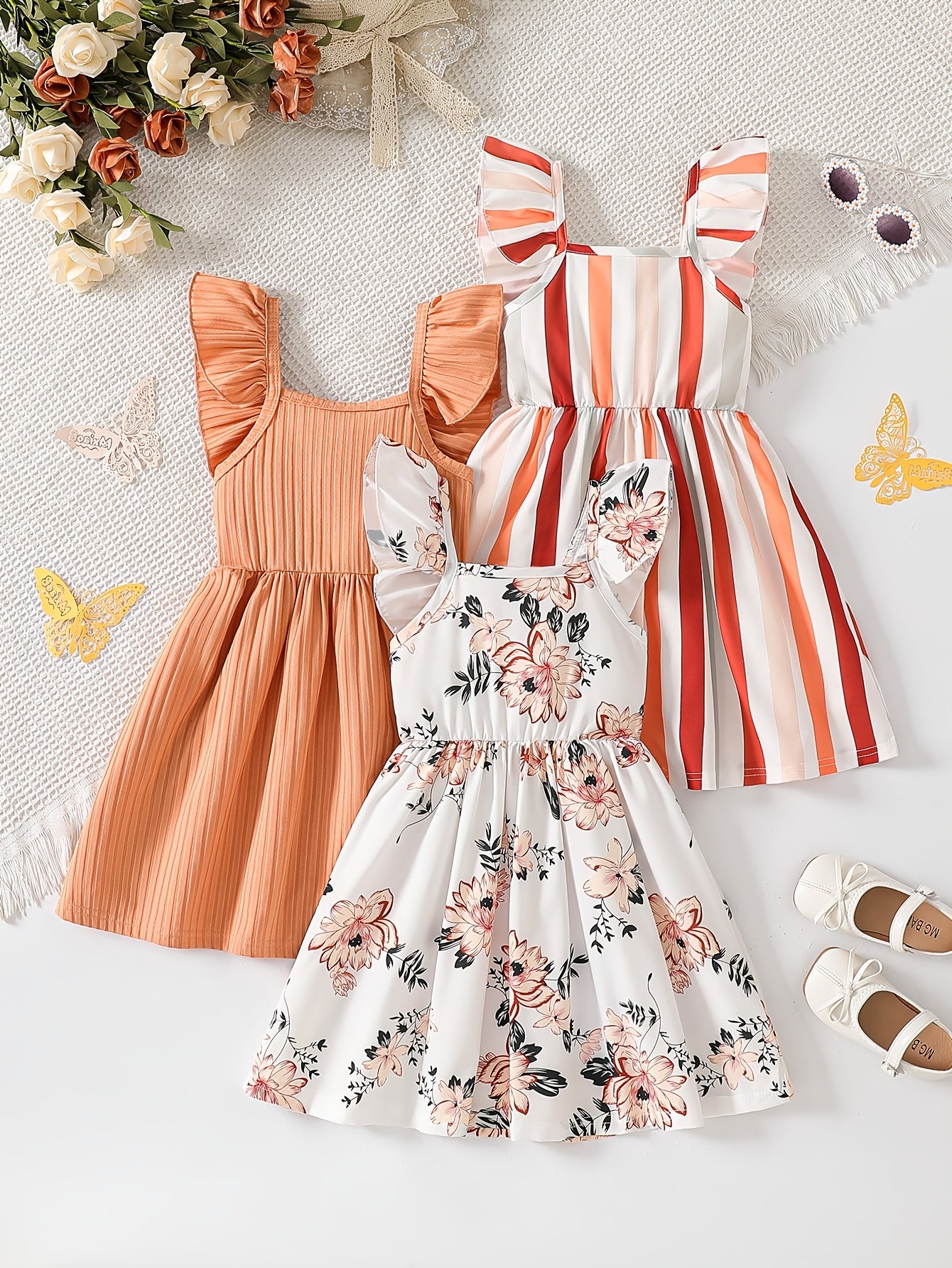 Young Girls' Summer 3pcs Set Simple Dress with Small Flutter Sleeves, Striped and Floral Print, Casual and Fashionable Dress, Suitable for Vacation, Leisure, and Outdoor Activities