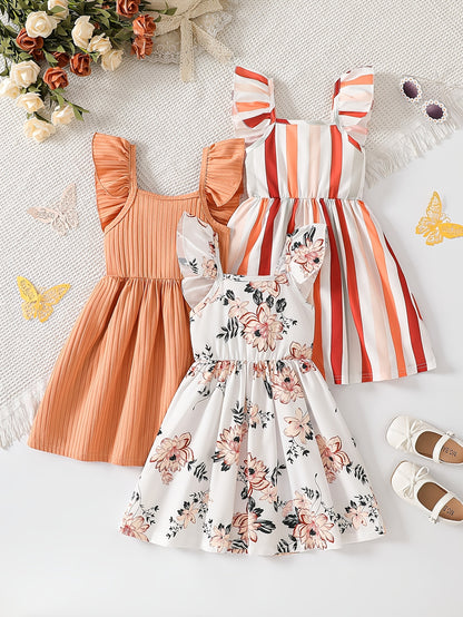 Young Girls' Summer 3pcs Set Simple Dress with Small Flutter Sleeves, Striped and Floral Print, Casual and Fashionable Dress, Suitable for Vacation, Leisure, and Outdoor Activities