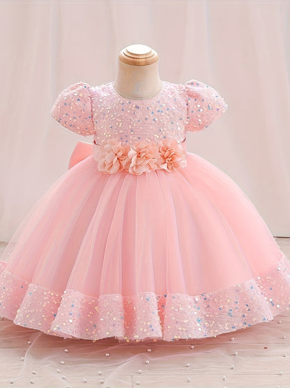 Sequined Children's Gown with Puffy Tulle Princess Dress for Baby Girl's First Birthday Party