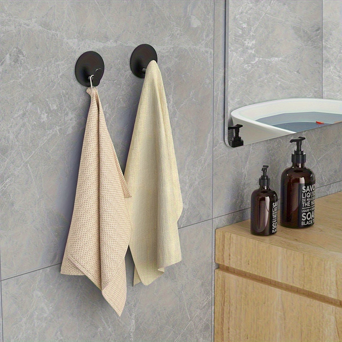 Modern Black Wall Hooks - Easy Install Adhesive Towel Hangers for Bathroom, Kitchen - Durable Robe, Clothes, Hat & Key Holders Bath/Bath Accessories
